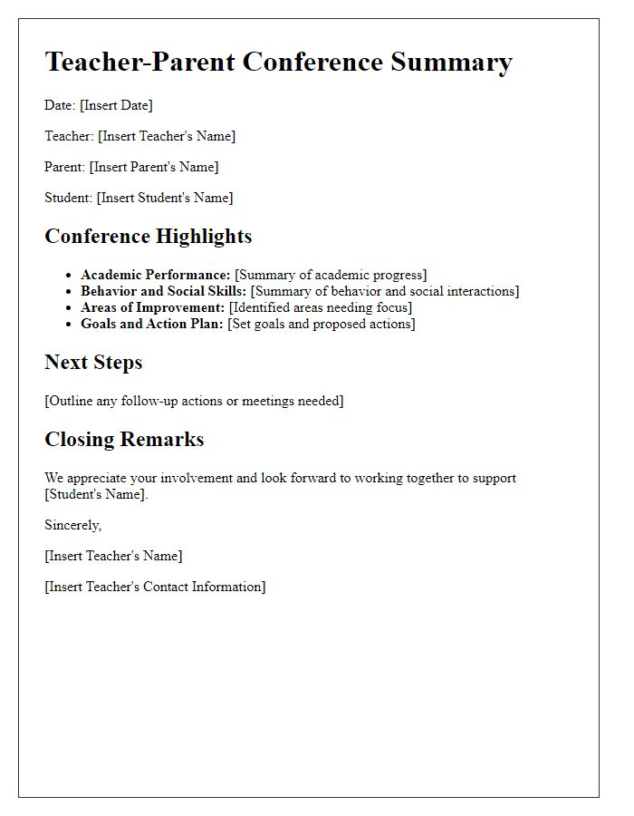 Letter template of summary notes for teacher-parent conference.