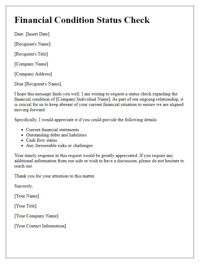 Letter template of financial condition status check