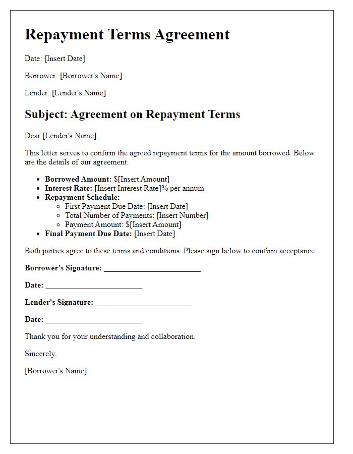 Letter template of agreed repayment terms for a borrowed amount.