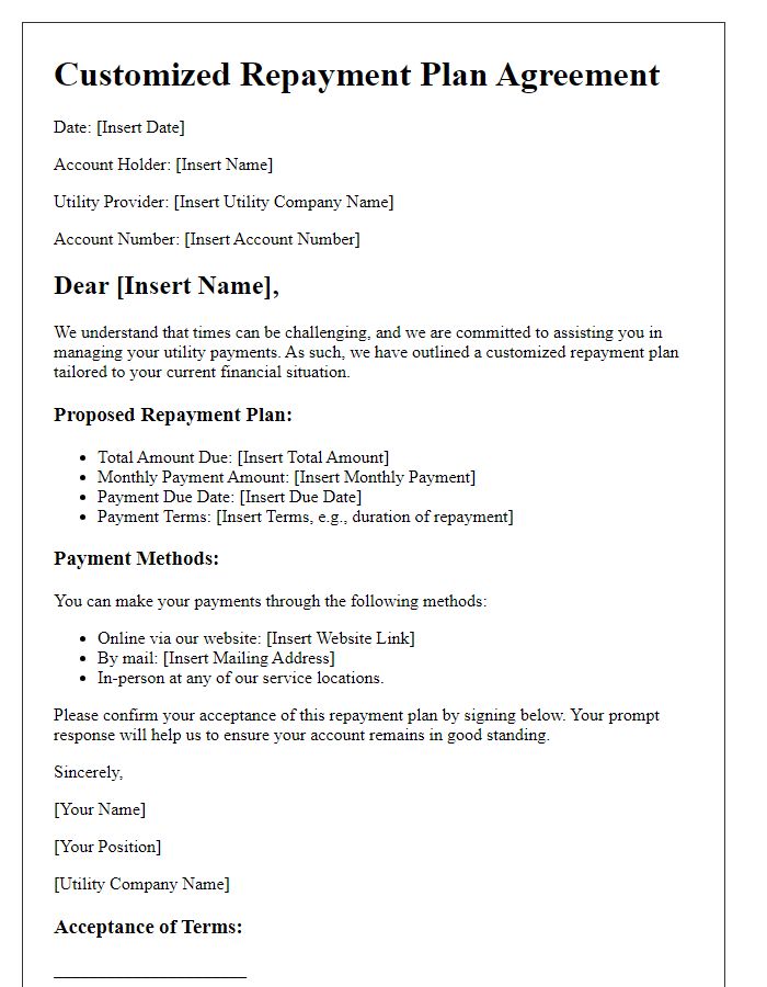 Letter template of customized repayment plan for utility bills.