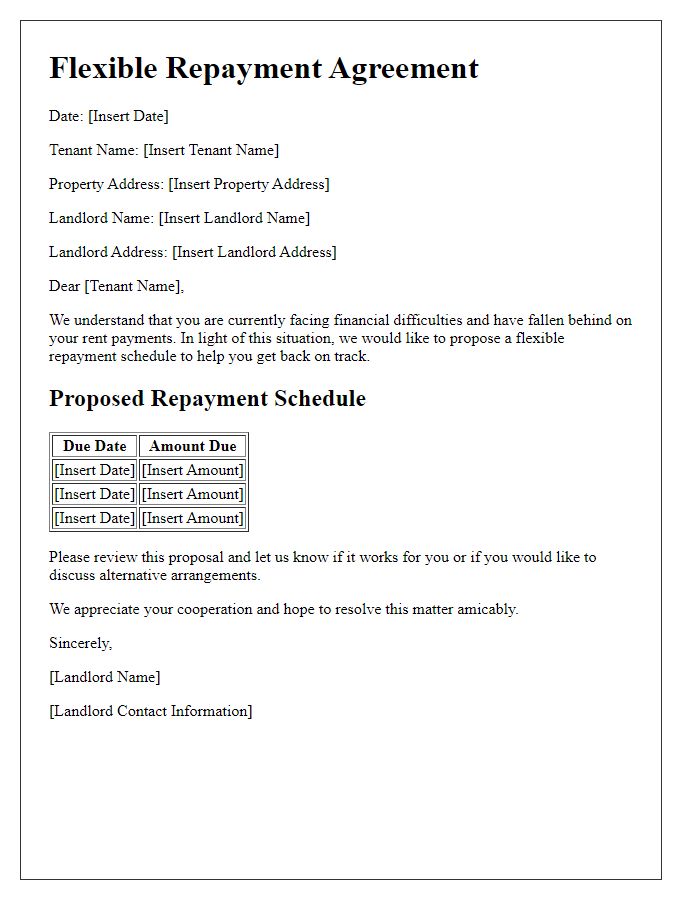 Letter template of flexible repayment schedule for rent arrears.