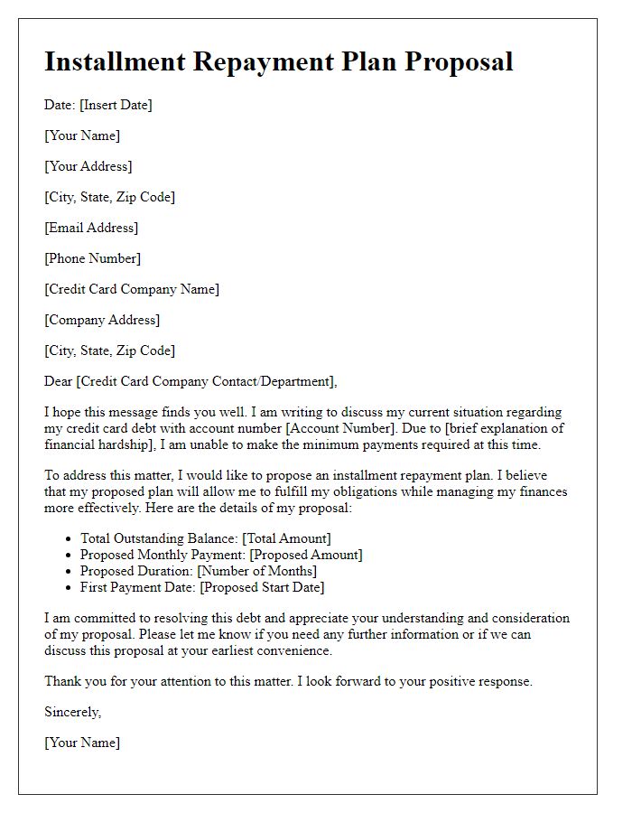 Letter template of installment repayment plan for credit card debt.