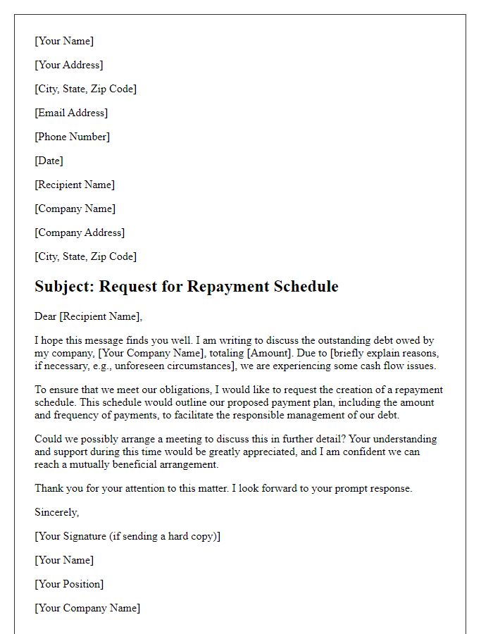 Letter template of repayment schedule request for business debt.