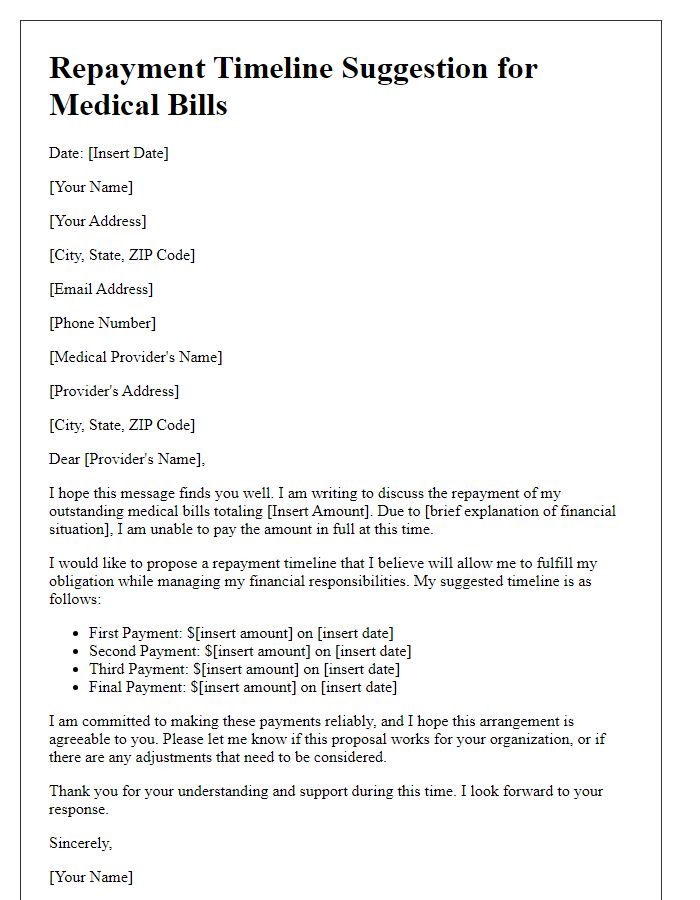 Letter template of repayment timeline suggestion for medical bills.