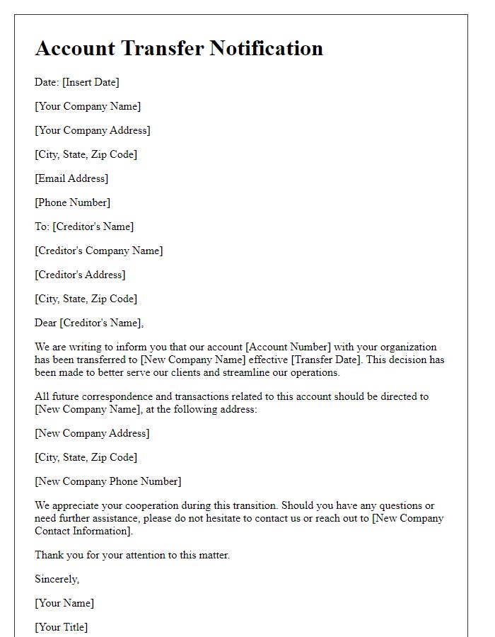 Letter template of account transfer notification to creditors