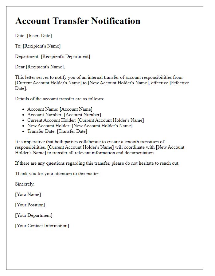 Letter template of account transfer notification for internal departmental transfers