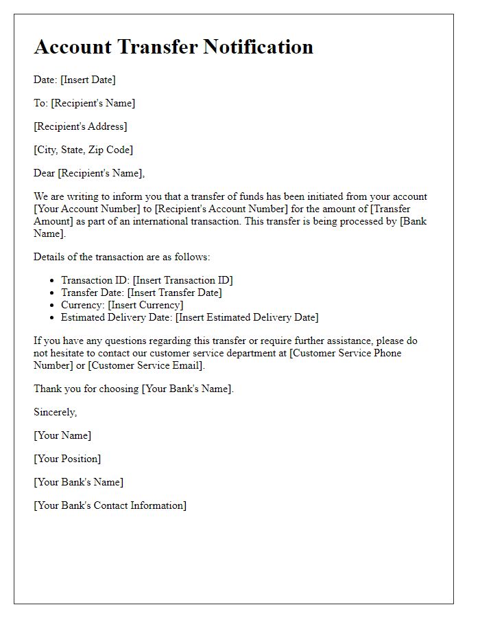 Letter template of account transfer notification for international transactions