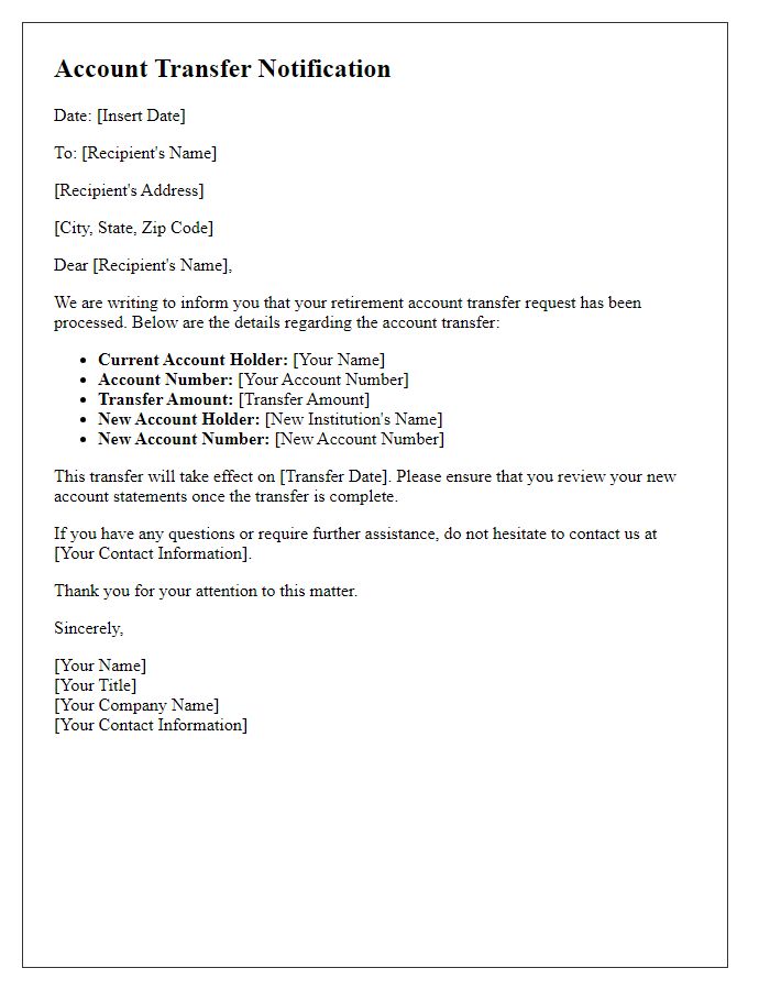 Letter template of account transfer notification for retirement accounts