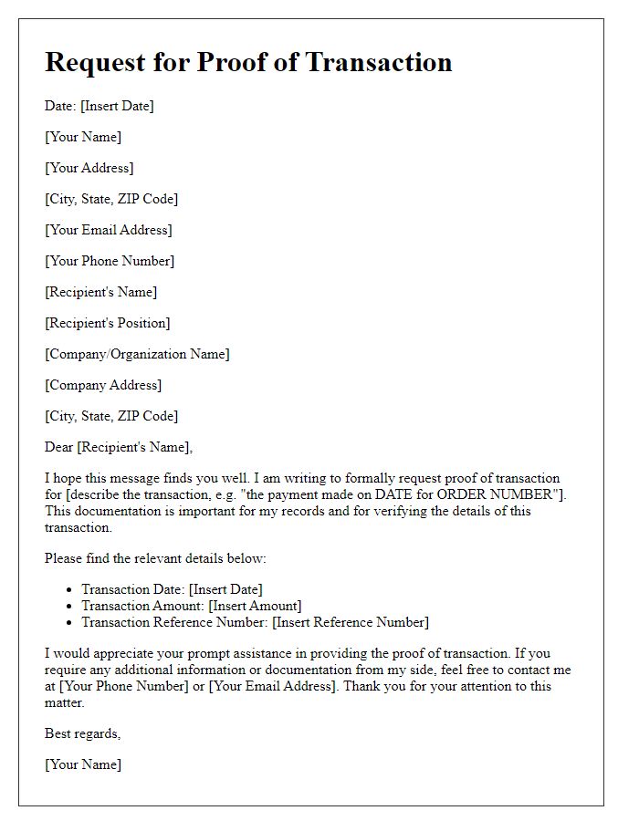 Letter template of request for proof of transaction