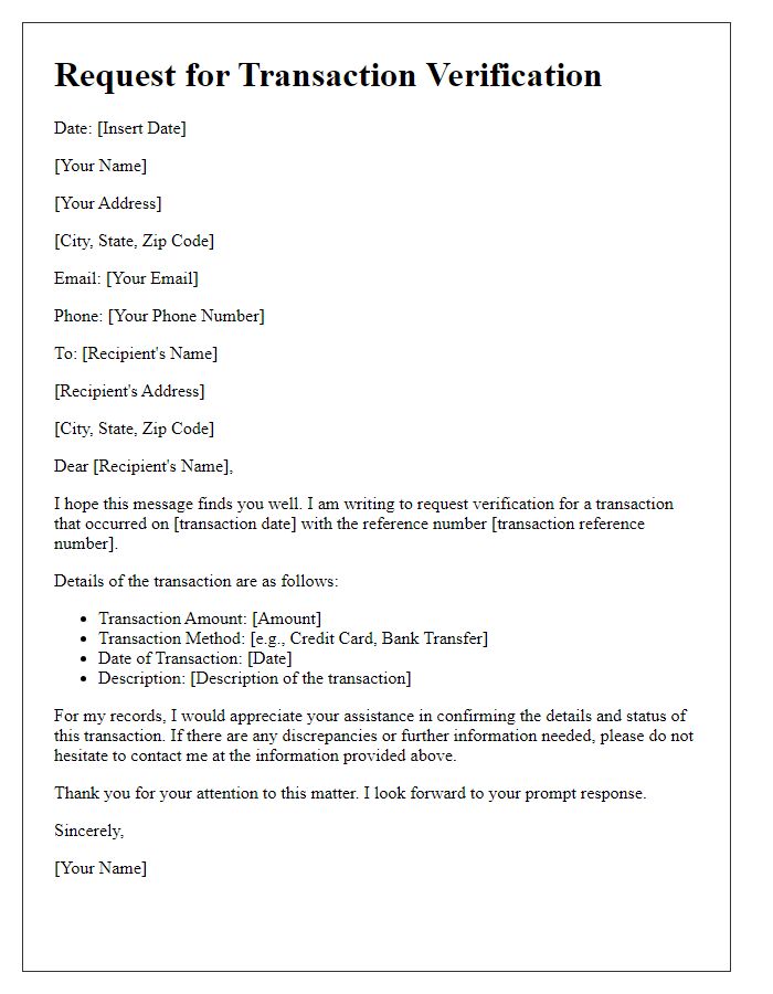 Letter template of request for transaction verification