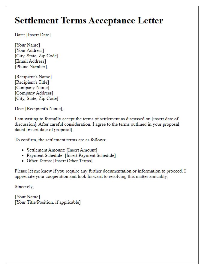 Letter template of settlement terms acceptance