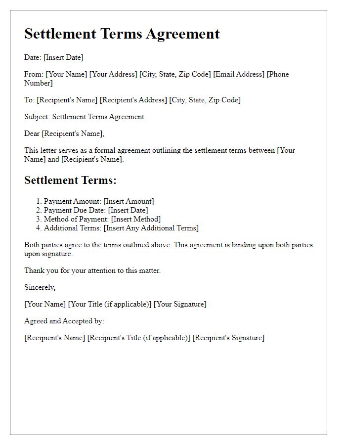 Letter template of settlement terms agreement