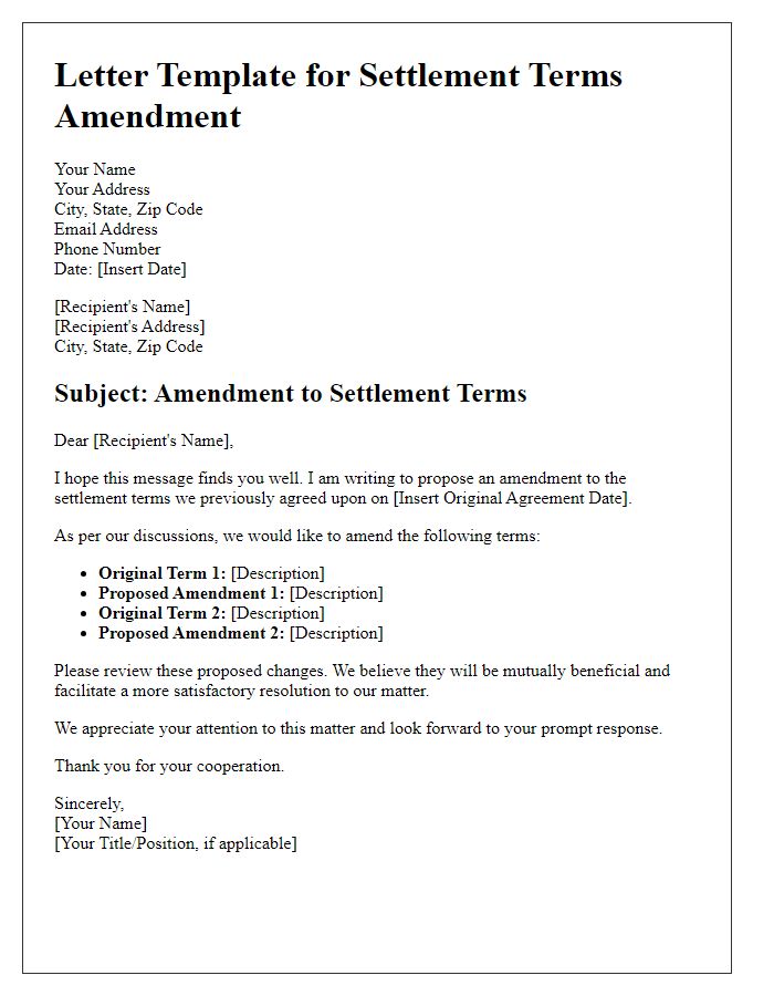 Letter template of settlement terms amendment