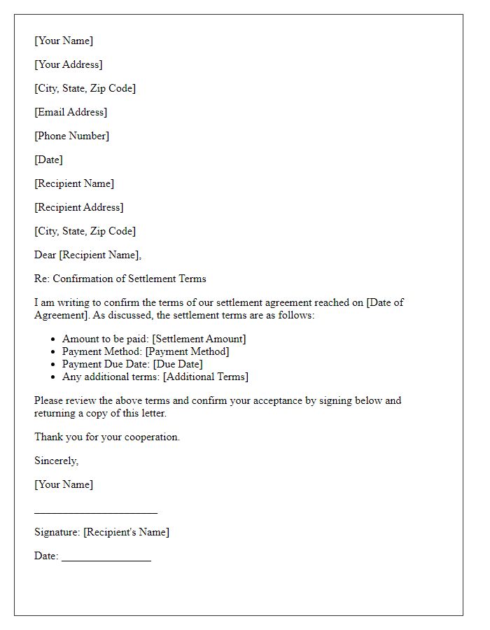 Letter template of settlement terms confirmation