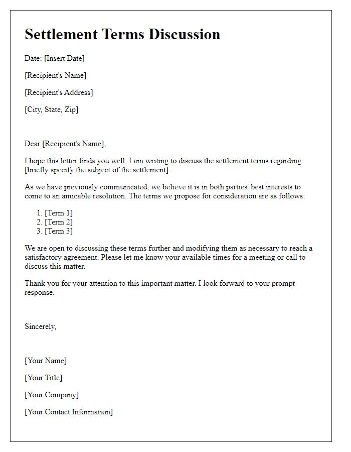 Letter template of settlement terms discussion