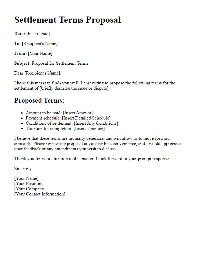 Letter template of settlement terms proposal