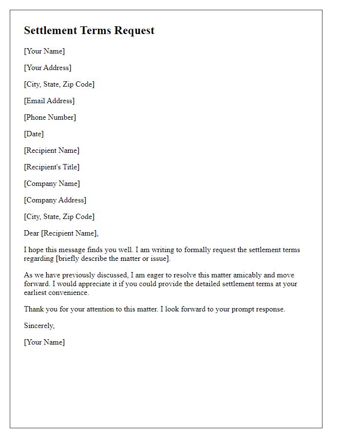 Letter template of settlement terms request