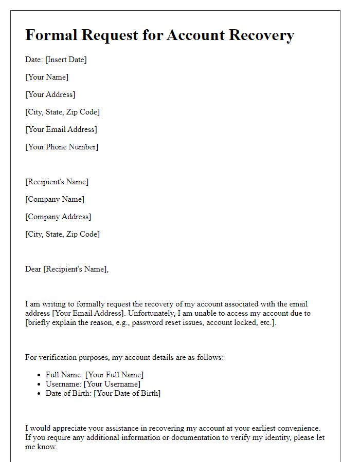 Letter template of formal request for account recovery
