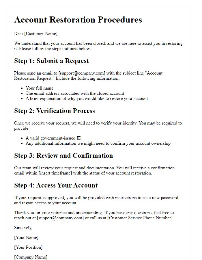 Letter template of procedures for restoring closed account