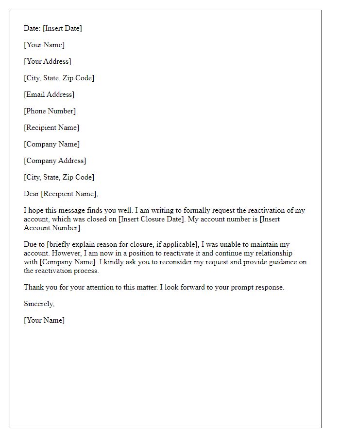 Letter template of request to reactivate closed account