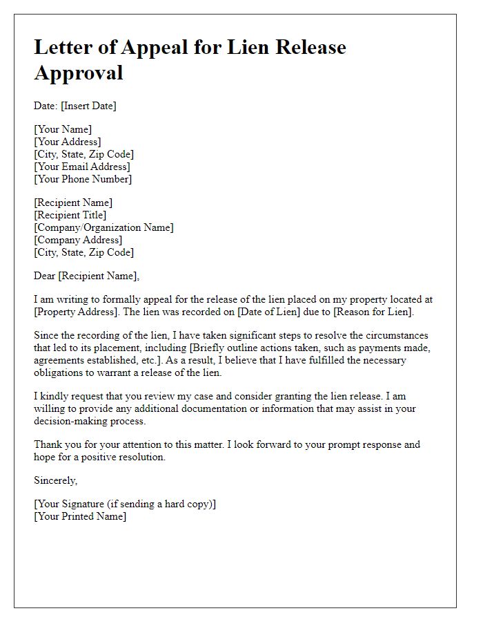 Letter template of appeal for lien release approval