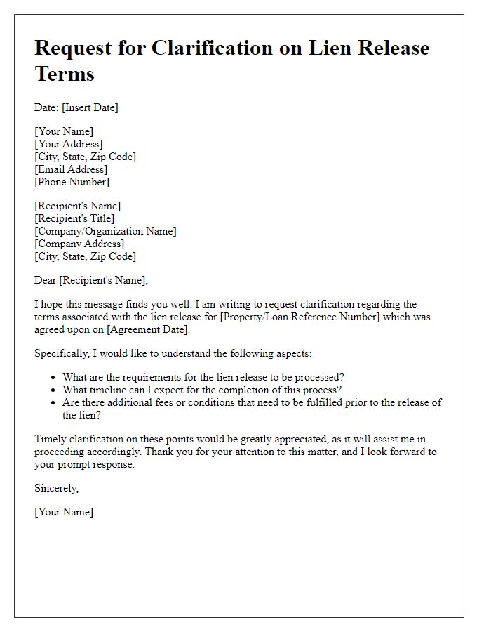 Letter template of clarification request on lien release terms