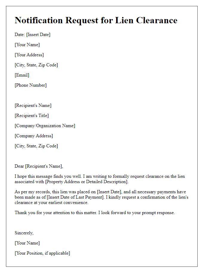 Letter template of notification request for lien clearance