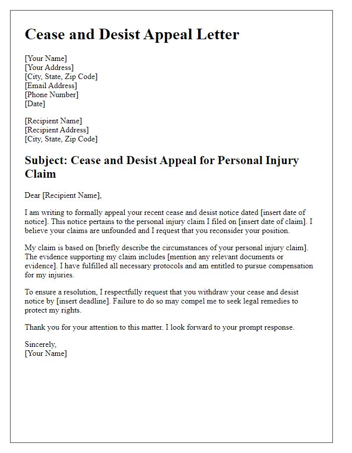 Letter template of cease and desist appeal for personal injury claims