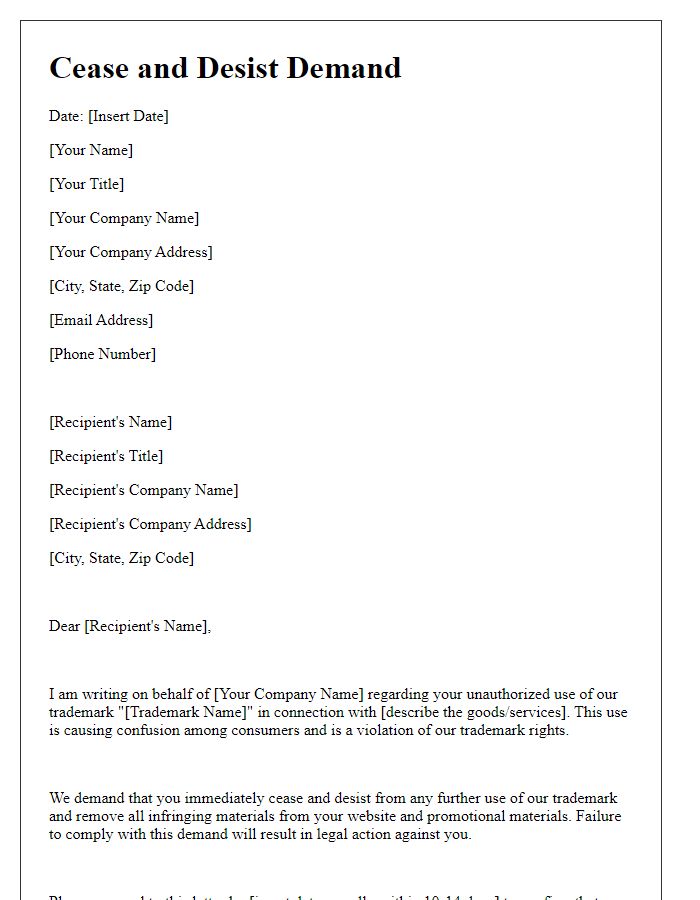 Letter template of cease and desist demand regarding trademark violation