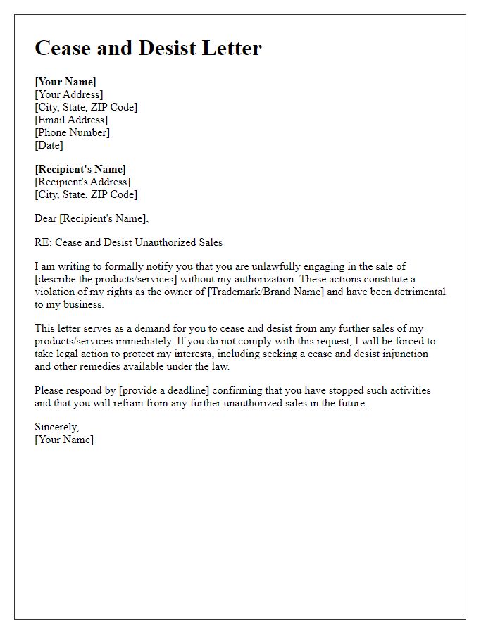 Letter template of cease and desist injunction for unauthorized sales