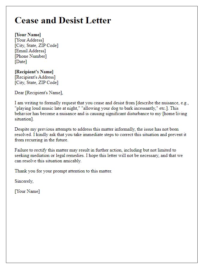 Letter template of cease and desist letter for nuisance complaints