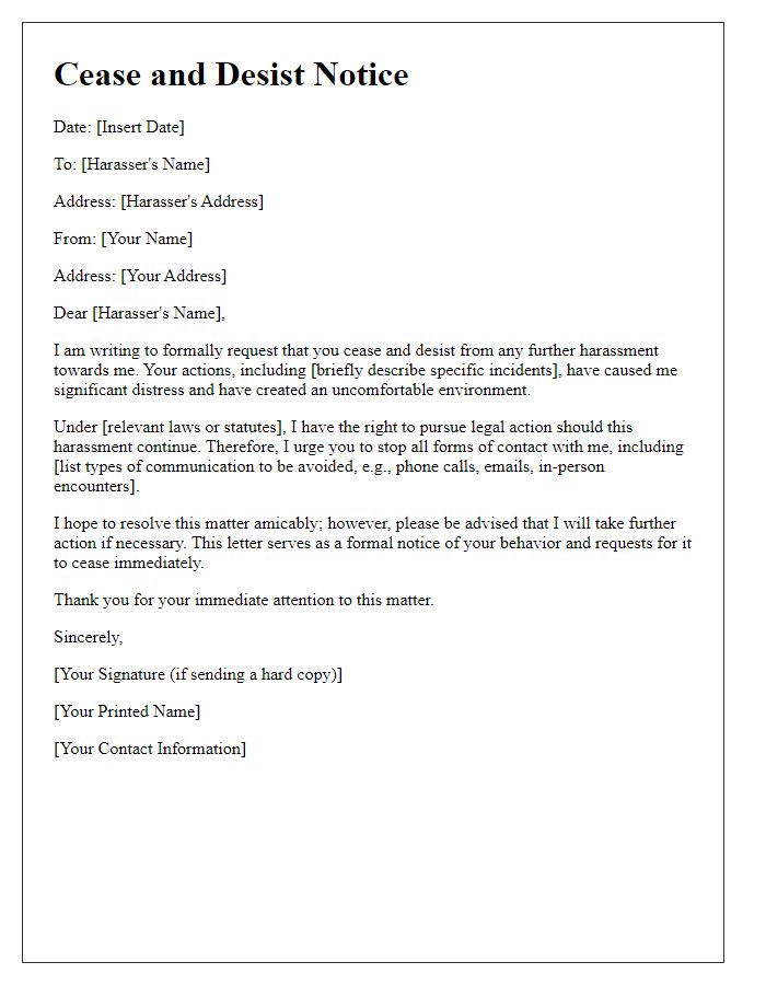 Letter template of cease and desist notice for harassment issues