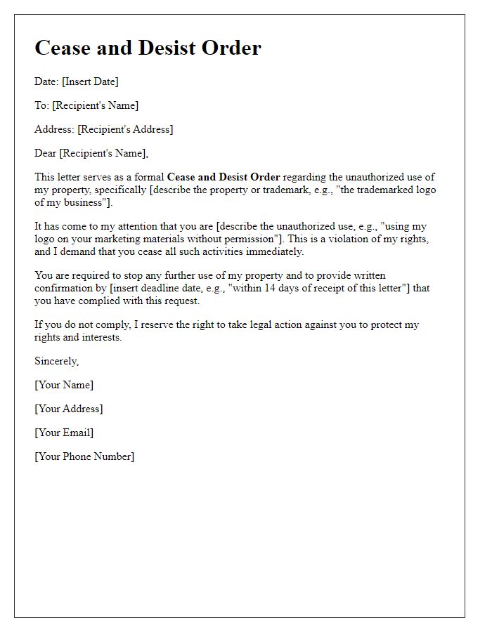 Letter template of cease and desist order for unauthorized use of property