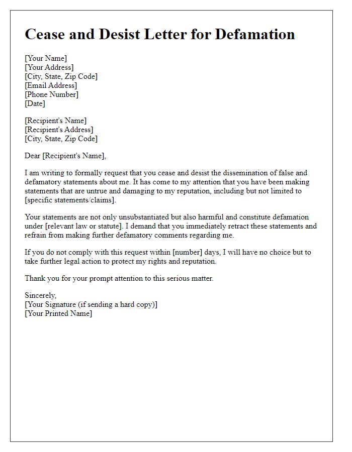 Letter template of cease and desist request for defamation claims