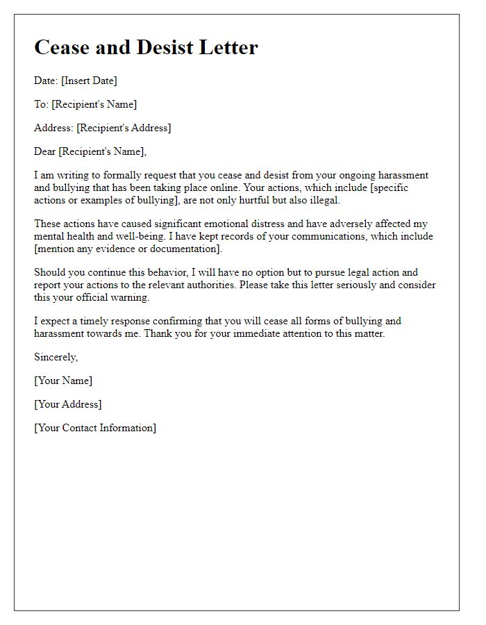 Letter template of cease and desist statement for online bullying