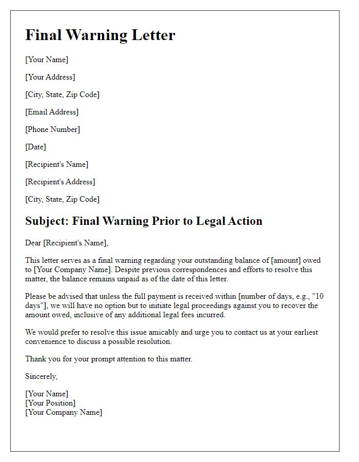 Letter template of final warning prior to legal action