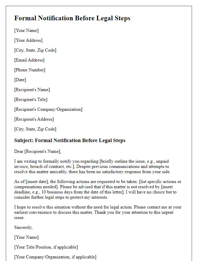 Letter template of formal notification before legal steps