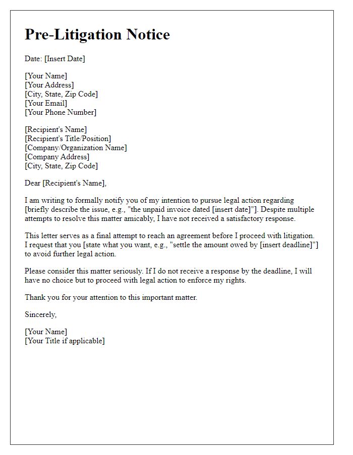 Letter template of pre-litigation notice