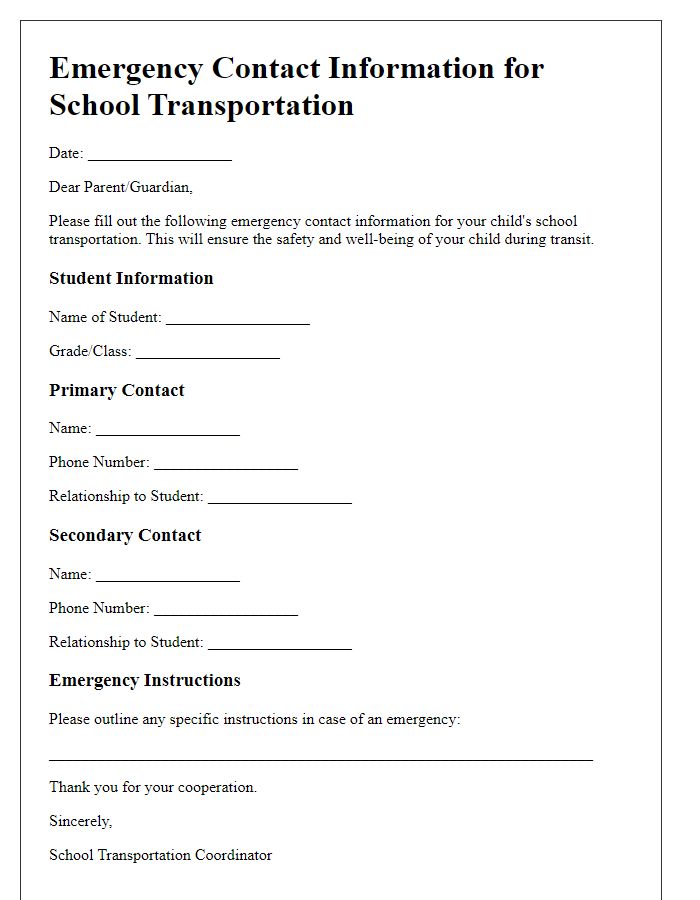 Letter template of school transportation emergency contact information.