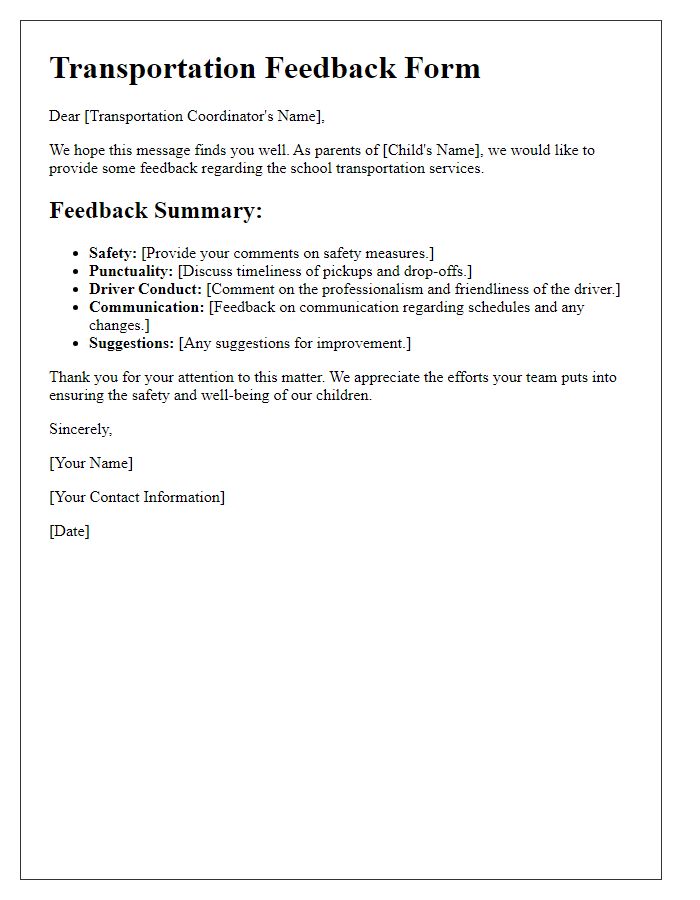 Letter template of school transportation feedback from parents.