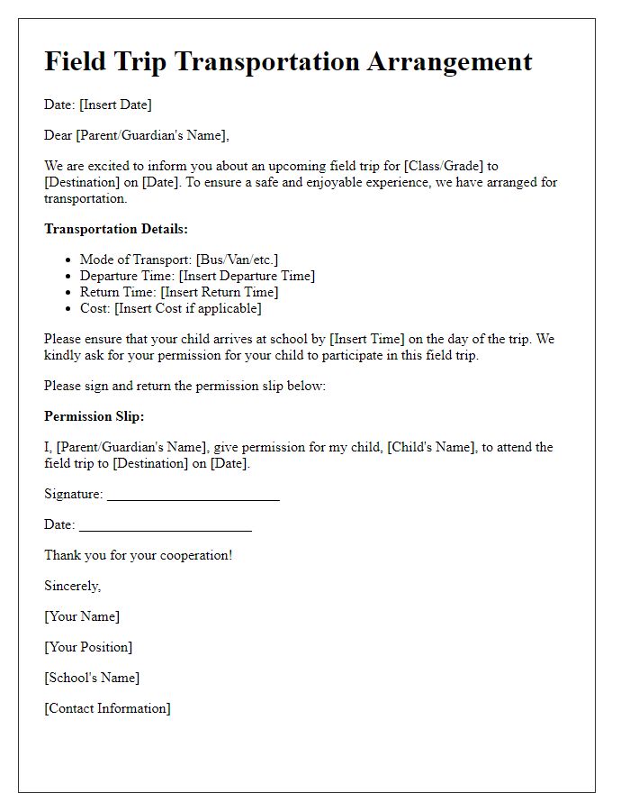 Letter template of school transportation for field trip arrangements.