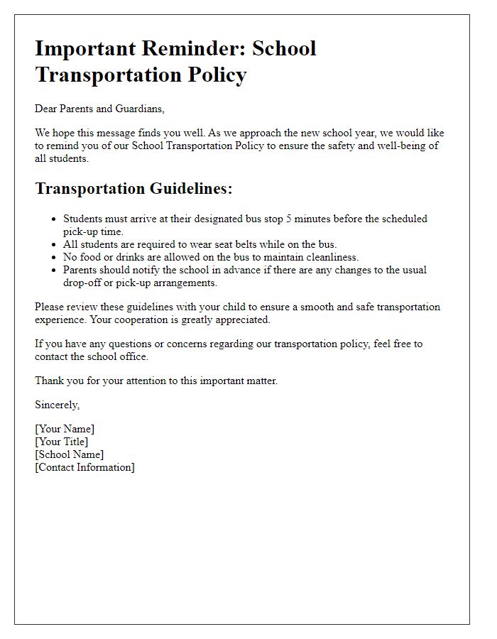 Letter template of school transportation policy reminder.