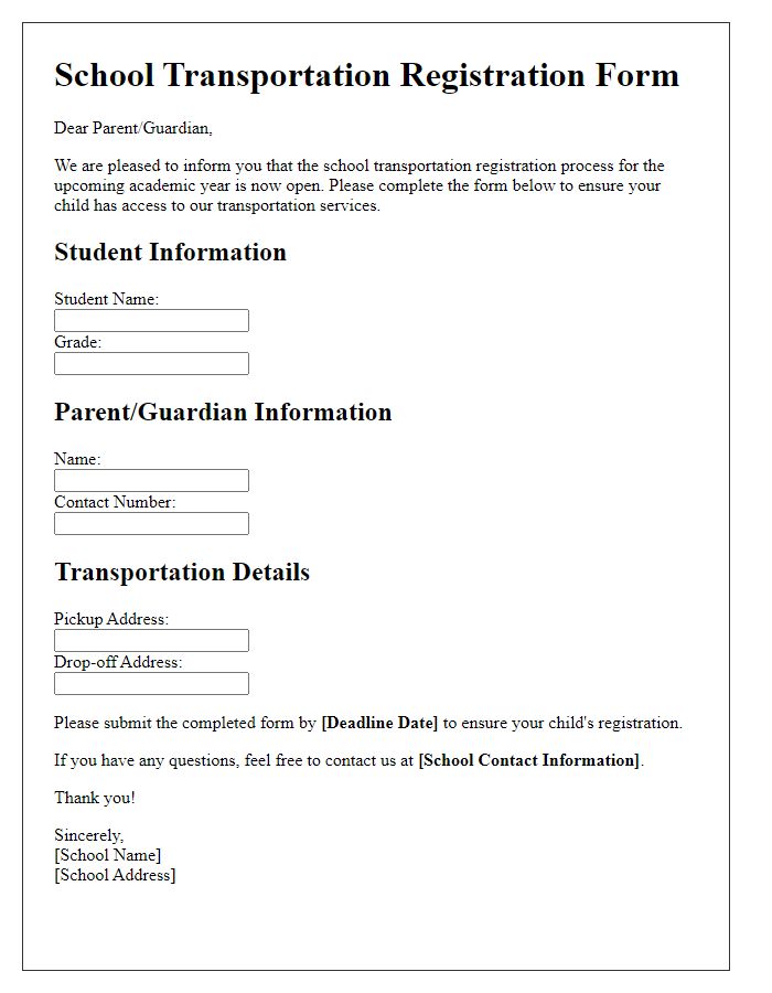 Letter template of school transportation registration process.