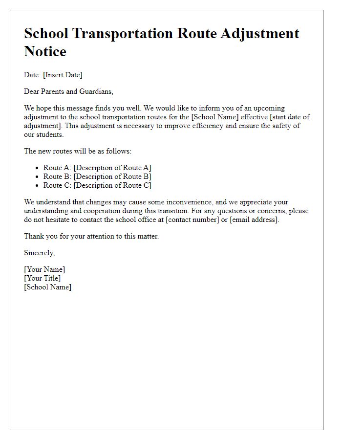 Letter template of school transportation route adjustment notice.