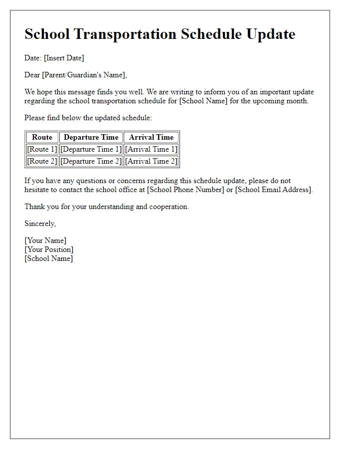 Letter template of school transportation schedule update.