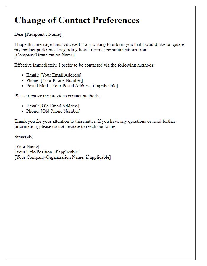 Letter template of altering contact preferences.