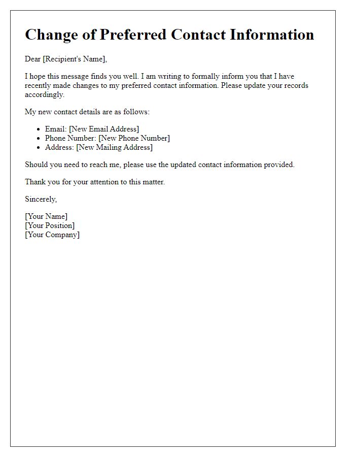 Letter template of changing preferred contact information.