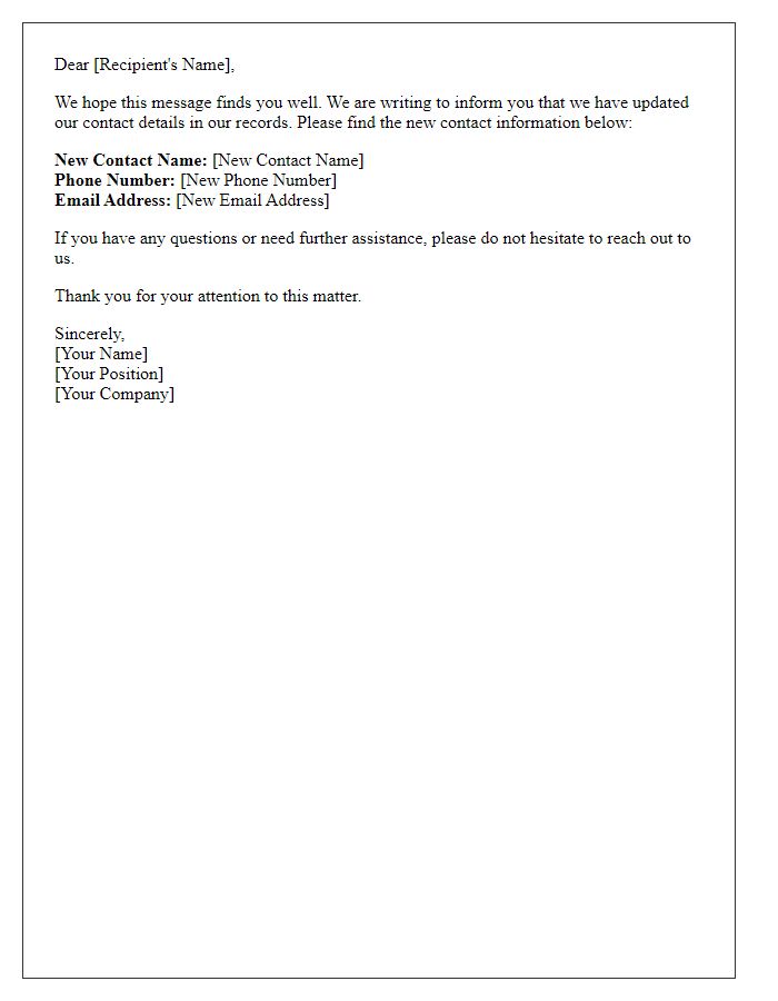 Letter template of notification for contact update.