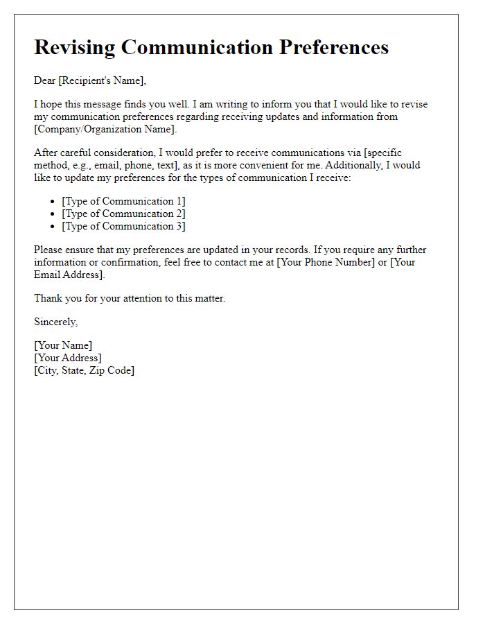 Letter template of revising communication preferences.