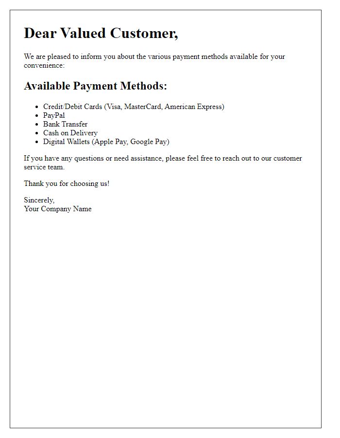 Letter template of available payment methods for your convenience.